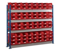 Toprax - Longspan Bay Shelving c/w Red TC Bin Kits - Steel Shelves: click to enlarge