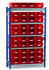 Toprax Standard Bay Shelving - with Red TC Bin Kits: click to enlarge