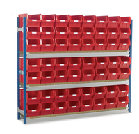 Toprax - Longspan Bay Shelving c/w Red TC Bin Kits - Chipboard Shelves: click to enlarge